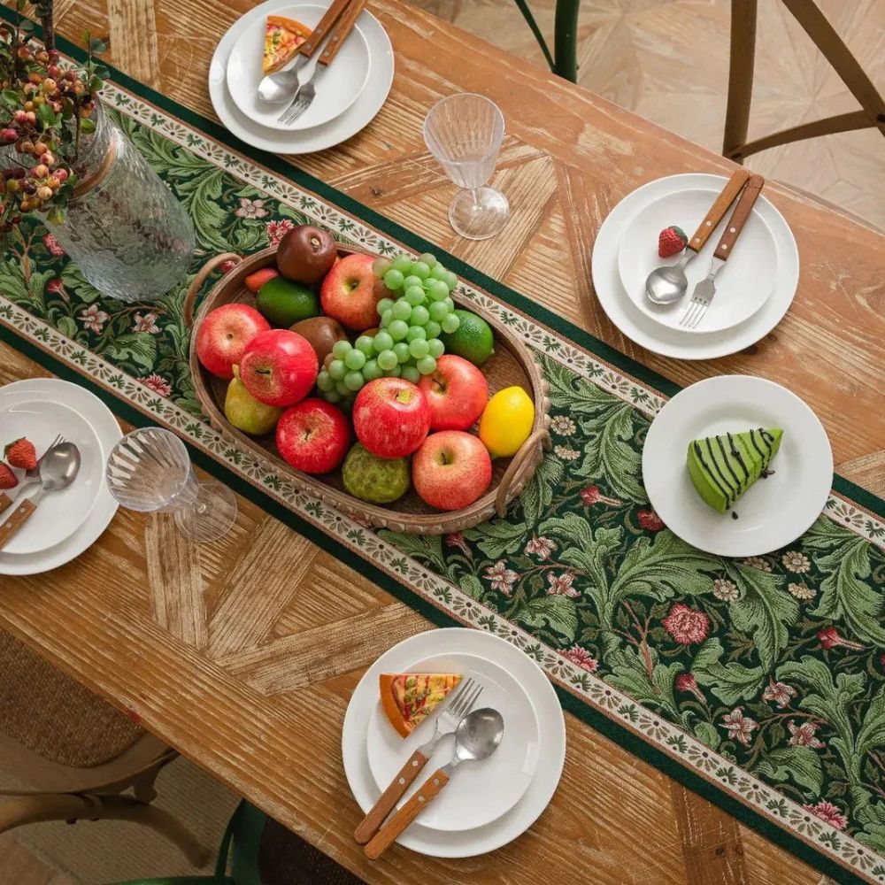 Flora Vine Embroidered Table Runner with Tassels - Elegant Floral Design for Dining Table Decor