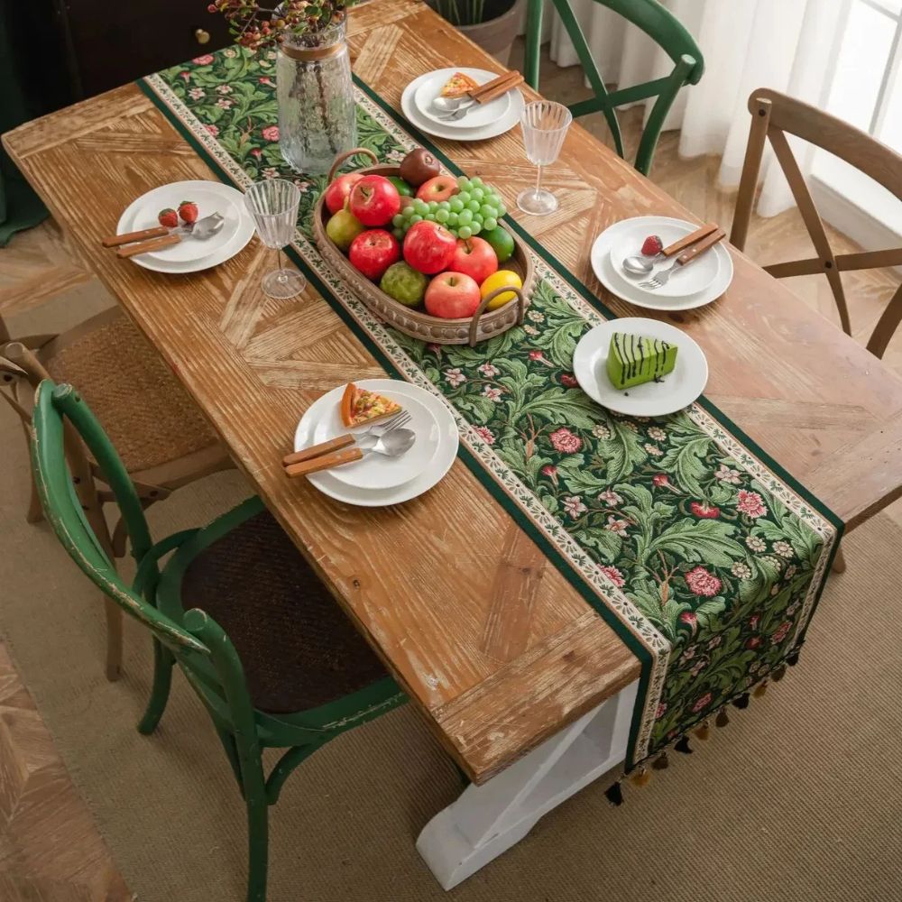 Flora Vine Embroidered Table Runner with Tassels - Elegant Floral Design for Dining Table Decor
