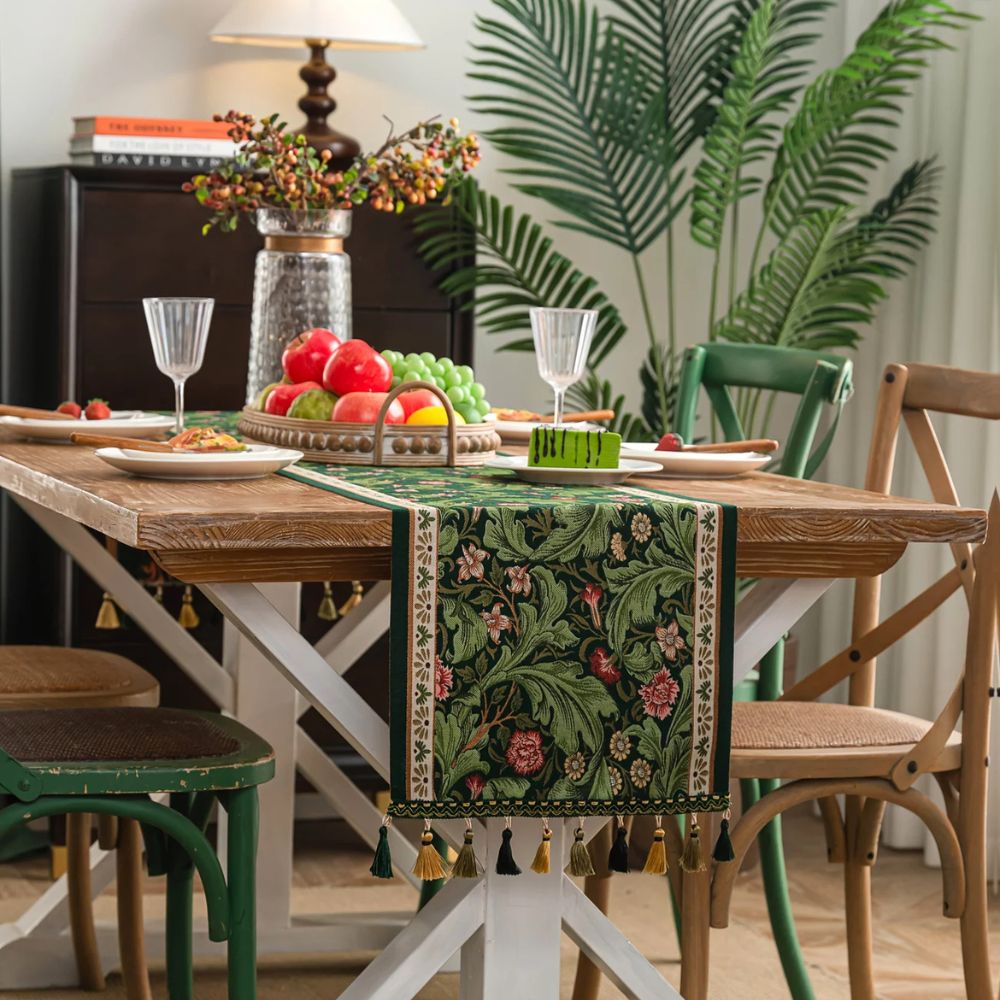 Flora Vine Embroidered Table Runner with Tassels - Elegant Floral Design for Dining Table Decor