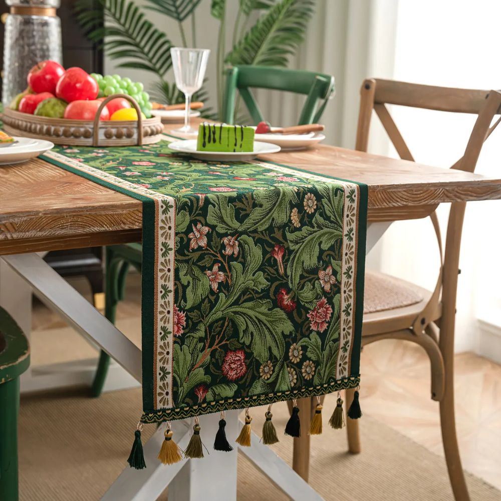 Flora Vine Embroidered Table Runner with Tassels - Elegant Floral Design for Dining Table Decor