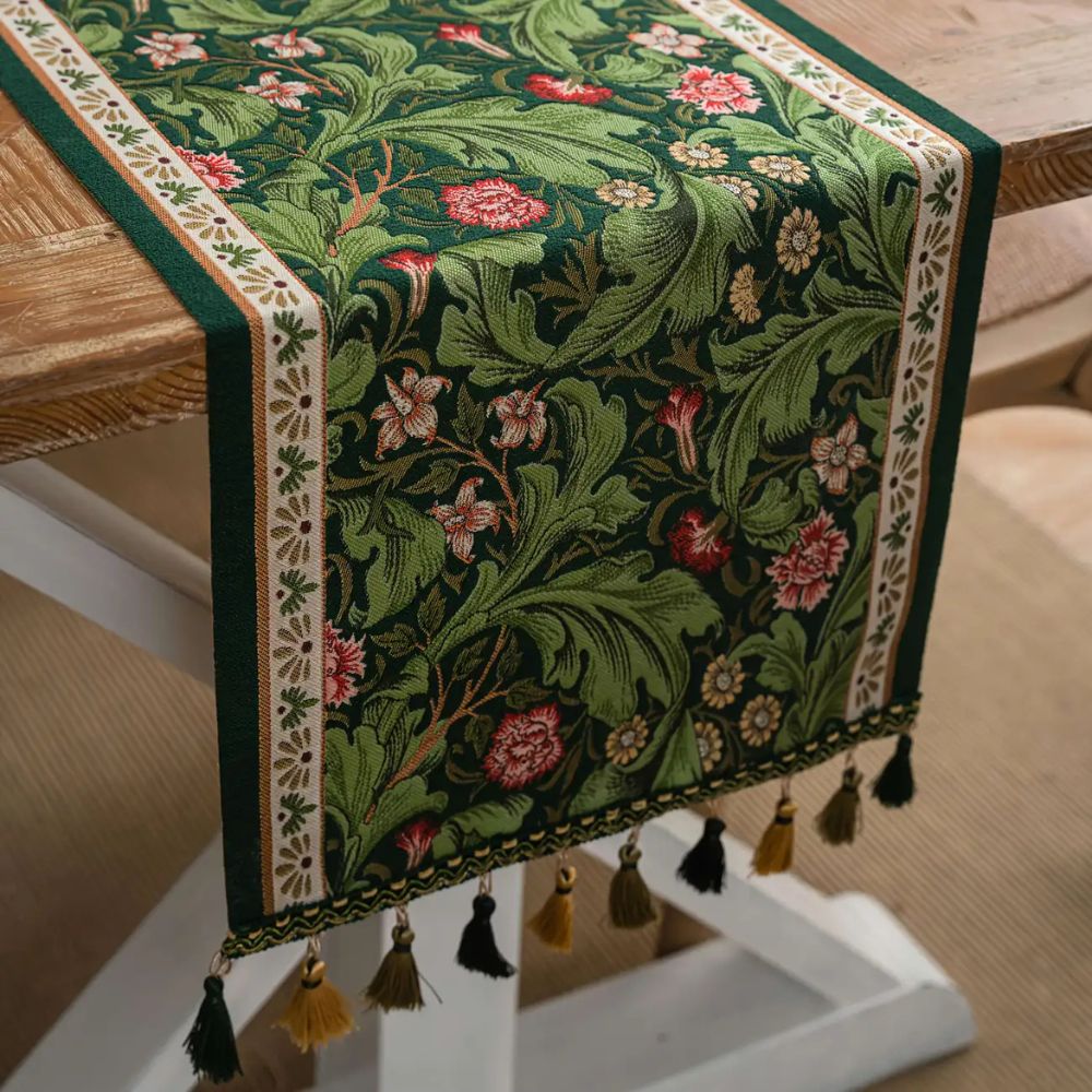 Flora Vine Embroidered Table Runner with Tassels - Elegant Floral Design for Dining Table Decor