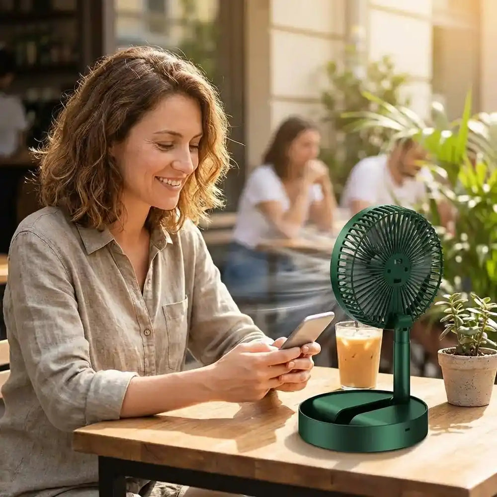 Extendable Desk Fan – USB Rechargeable, 3 Speeds & Phone Holder