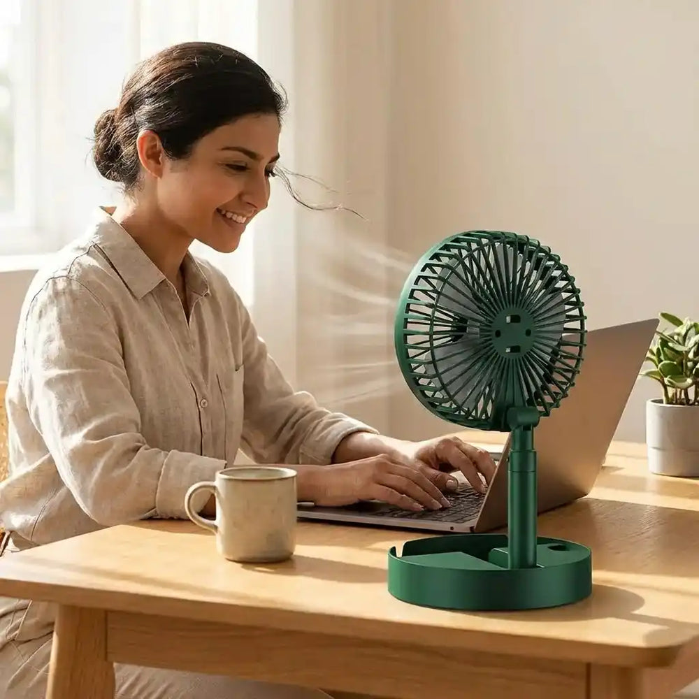 Extendable Desk Fan – USB Rechargeable, 3 Speeds & Phone Holder