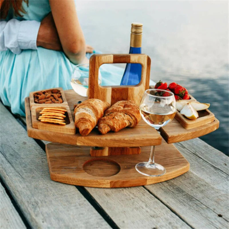 Elegant Foldable Wooden Picnic Table for Wine – Round Outdoor Snack Tray with Cup Holders – Perfect for Outdoor Dining & Entertaining