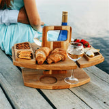 Elegant Foldable Wooden Picnic Table for Wine – Round Outdoor Snack Tray with Cup Holders – Perfect for Outdoor Dining & Entertaining