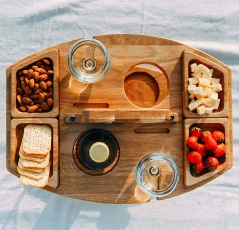 Elegant Foldable Wooden Picnic Table for Wine – Round Outdoor Snack Tray with Cup Holders – Perfect for Outdoor Dining & Entertaining