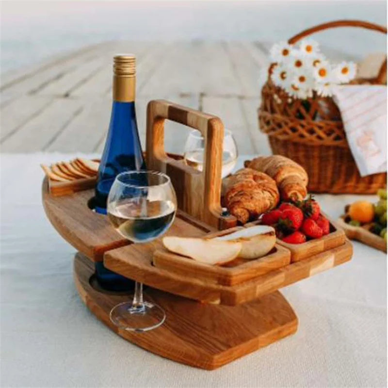 Elegant Foldable Wooden Picnic Table for Wine – Round Outdoor Snack Tray with Cup Holders – Perfect for Outdoor Dining & Entertaining