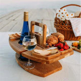 Elegant Foldable Wooden Picnic Table for Wine – Round Outdoor Snack Tray with Cup Holders – Perfect for Outdoor Dining & Entertaining
