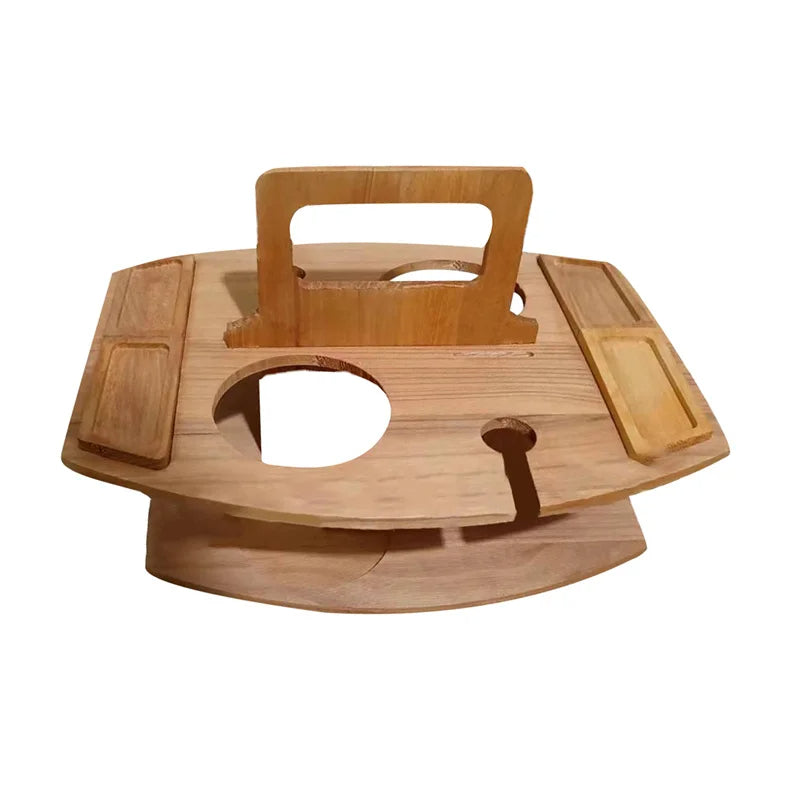 Elegant Foldable Wooden Picnic Table for Wine – Round Outdoor Snack Tray with Cup Holders – Perfect for Outdoor Dining & Entertaining