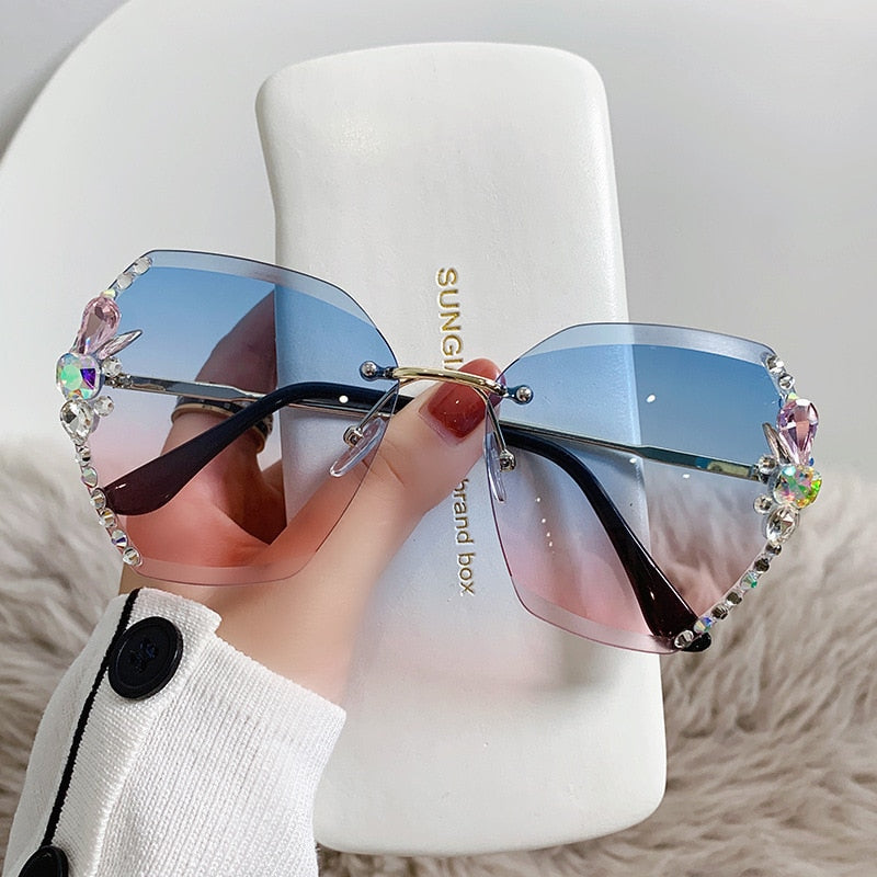 Rhinestone Sunglasses – Women's Frameless Design, Gradient Lens & UV400 Protection