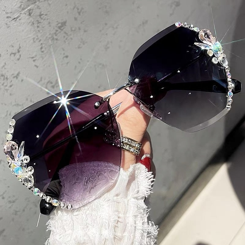 Rhinestone Sunglasses – Women's Frameless Design, Gradient Lens & UV400 Protection