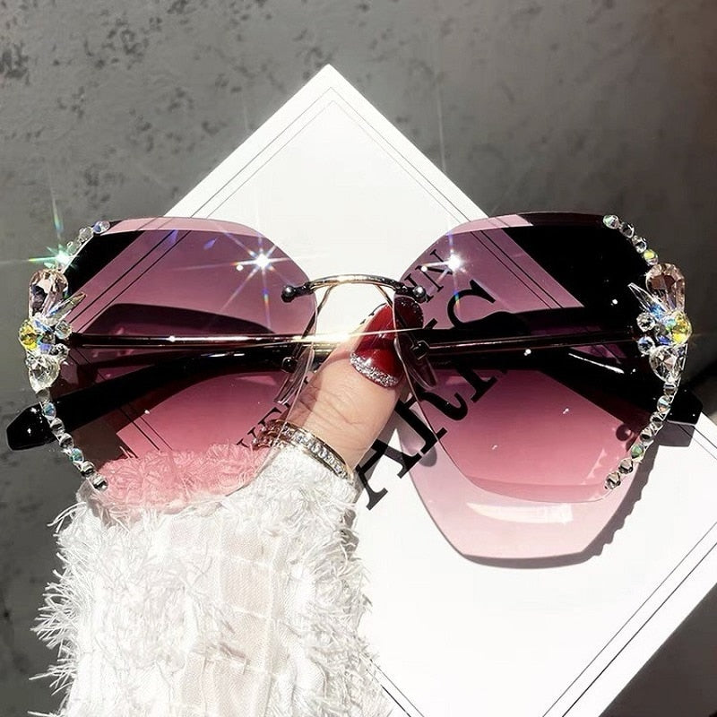 Rhinestone Sunglasses – Women's Frameless Design, Gradient Lens & UV400 Protection