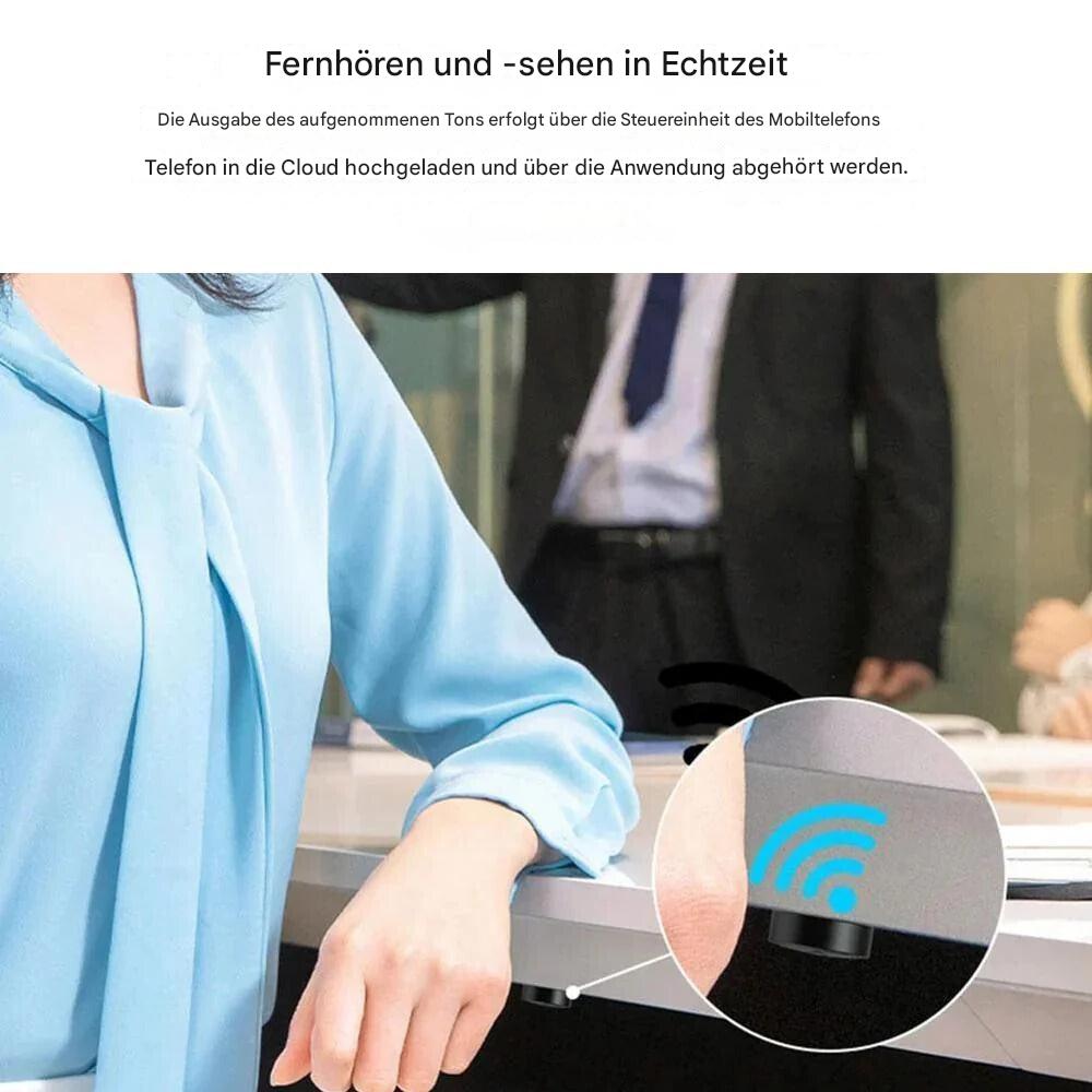Woman in a blue blouse with smartphone, WiFi icon, modern technology, office background.