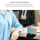 Woman in a blue blouse with smartphone, WiFi icon, modern technology, office background.
