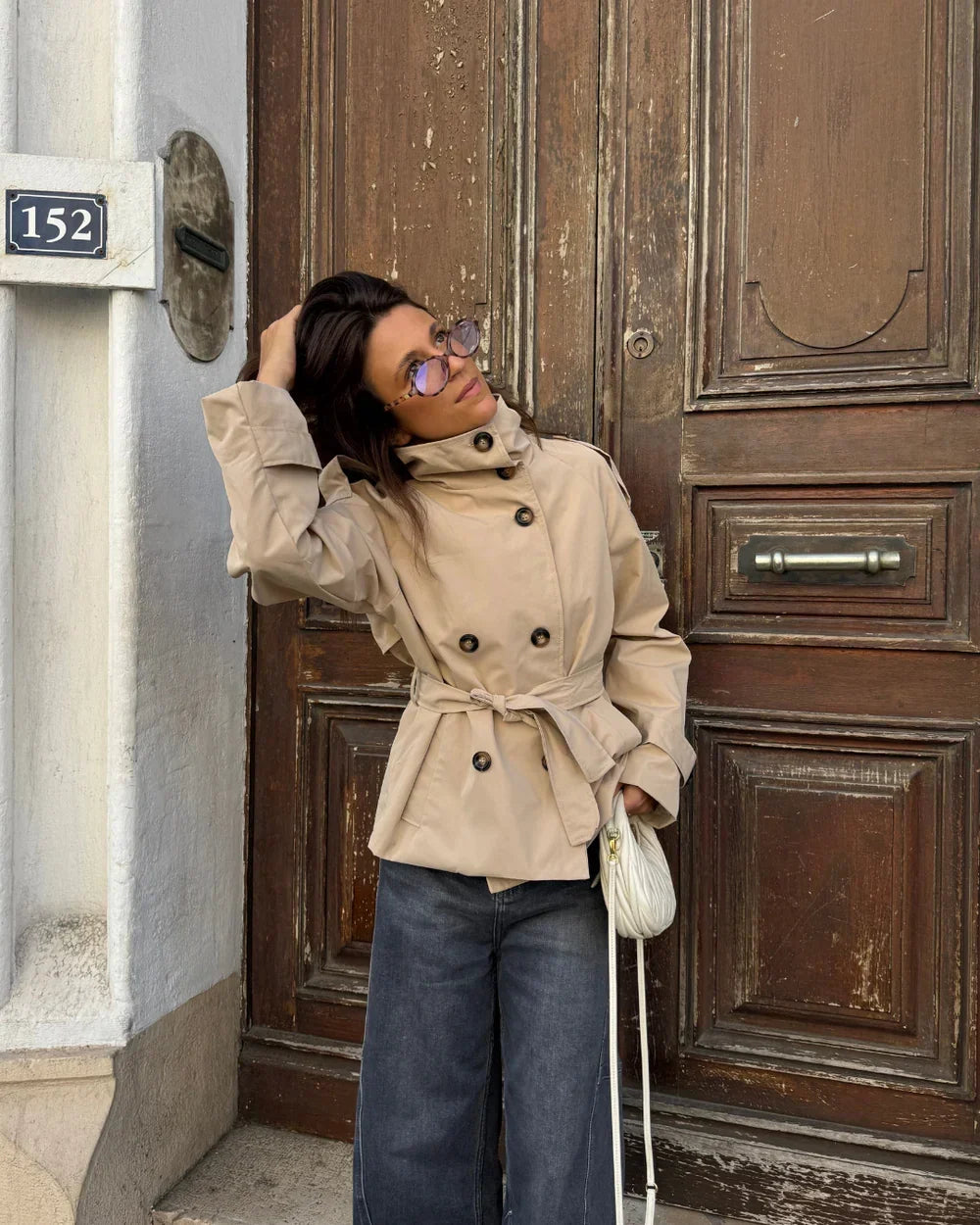 Women's belted trench coat, view 1