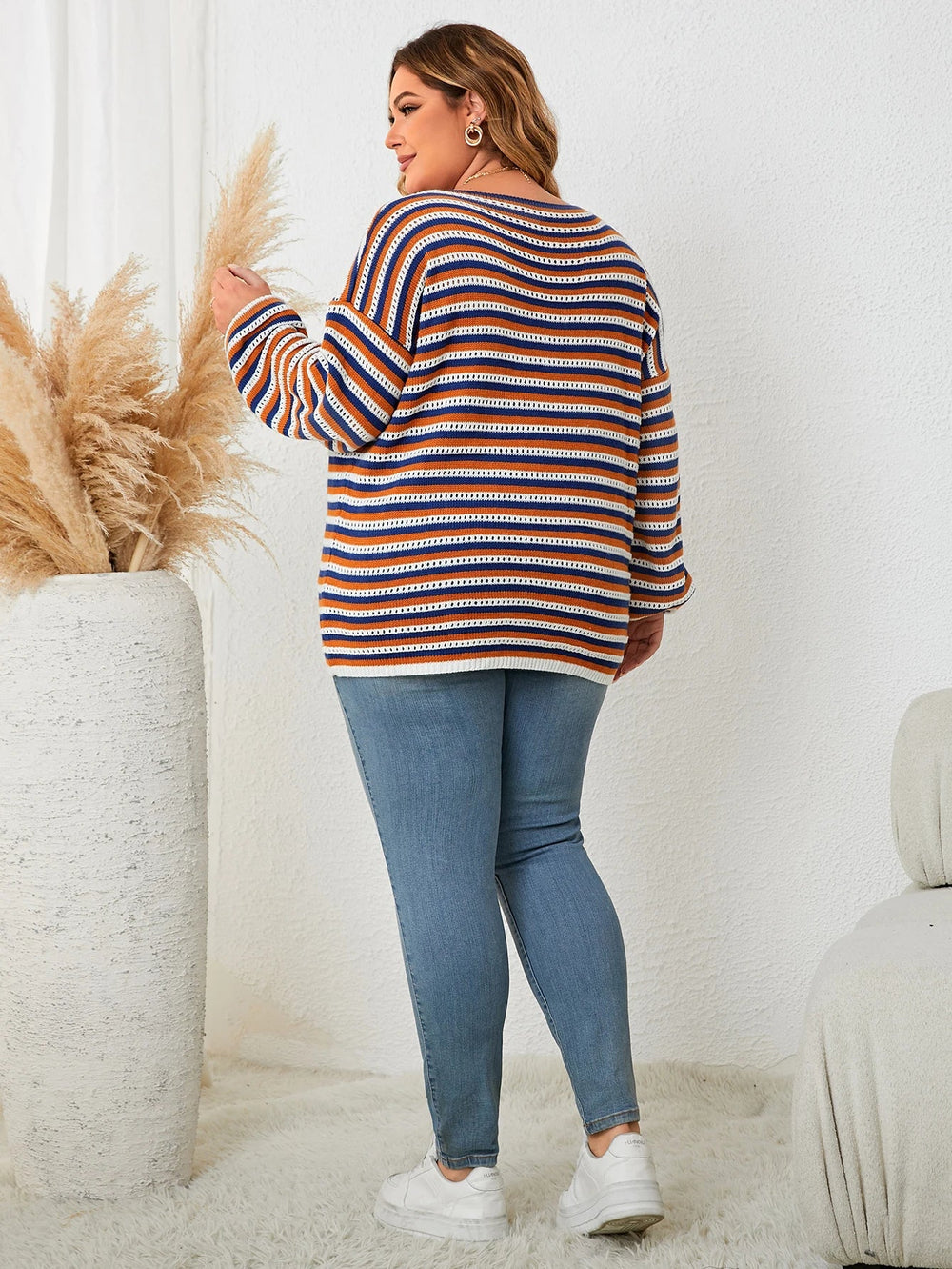 Plus-Size Wool-Blend Pullover Sweater with Trendy Fall Stripes - Cozy & Stylish Women's Knitwear