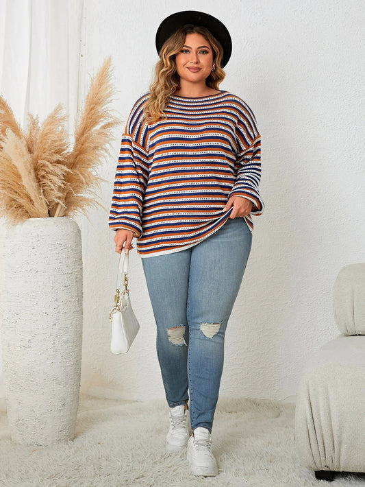 Plus-Size Wool-Blend Pullover Sweater with Trendy Fall Stripes - Cozy & Stylish Women's Knitwear