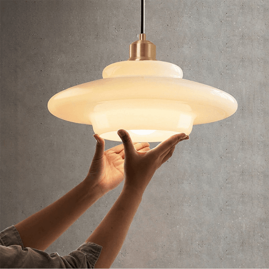 White Glass Pendant Light – Mid-Century Design, Brass Accents & Adjustable Height