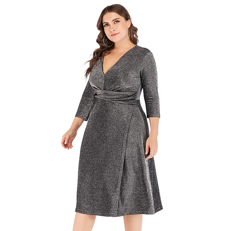 Plus Size Elegant Glitter Wrap Dress - Autumn Charm Collection