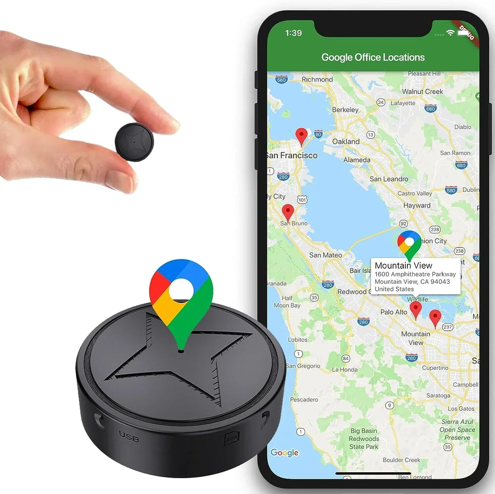 Black GPS tracker with smartphone app, real-time tracking, compact, portable, for cars.