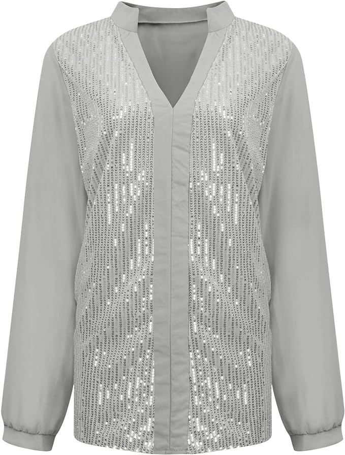 Plus Size Fall Sequin V-Neck Blouse - Stylish & Sparkling Autumn Top