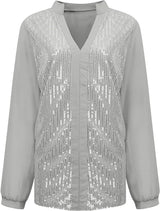 Plus Size Fall Sequin V-Neck Blouse - Stylish & Sparkling Autumn Top