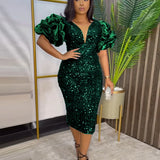 Plus-Size Vintage Puff-Sleeve Dress - Shiny Fall Magic Collection