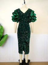 Plus-Size Vintage Puff-Sleeve Dress - Shiny Fall Magic Collection