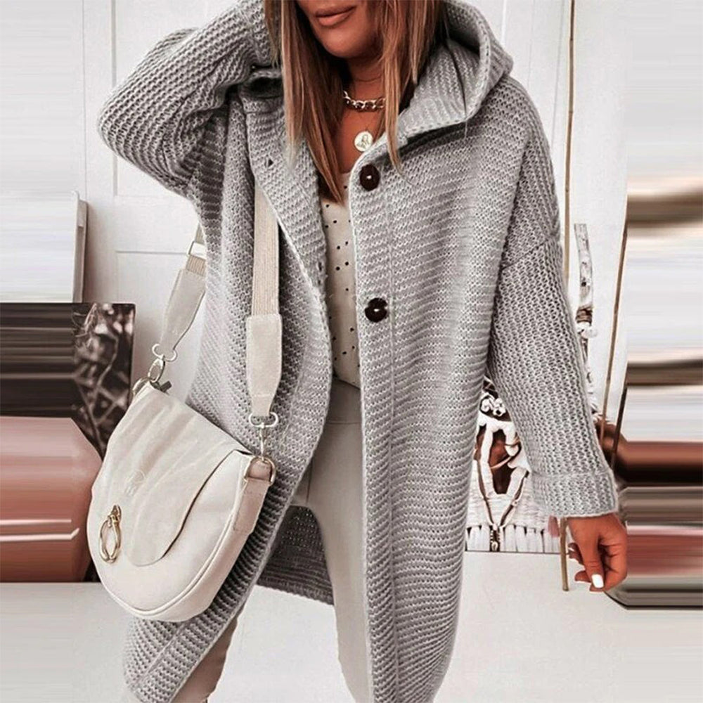 Half-length Knitted Women's Cardigan with Button Closure and Hood - Mila