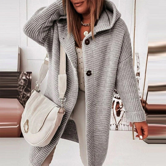 Half-length Knitted Women's Cardigan with Button Closure and Hood - Mila