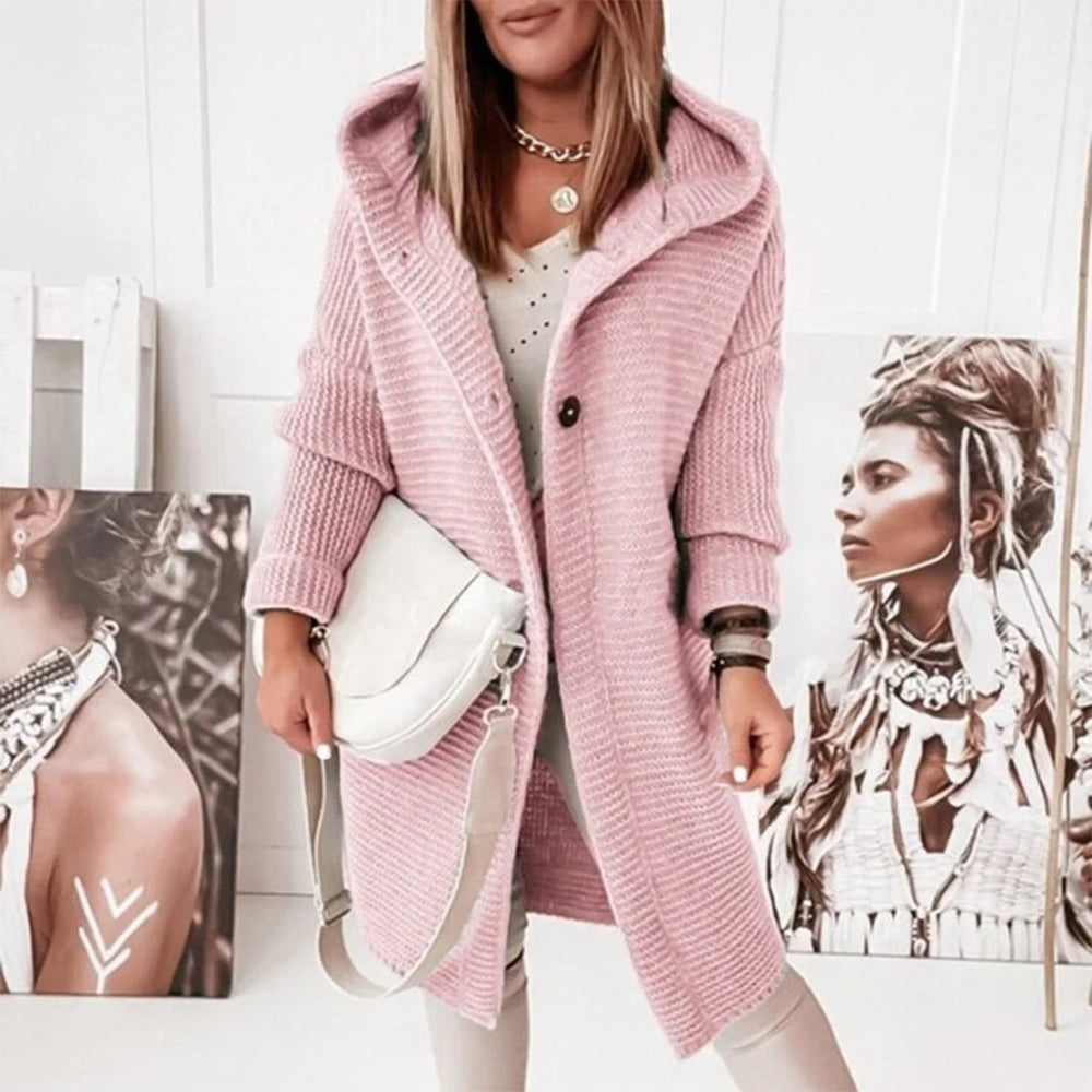Half-length Knitted Women's Cardigan with Button Closure and Hood - Mila