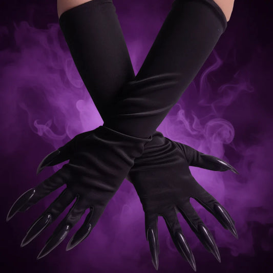 Halloween Costume Gloves – Satin Material, Long Finger Design & Black Color