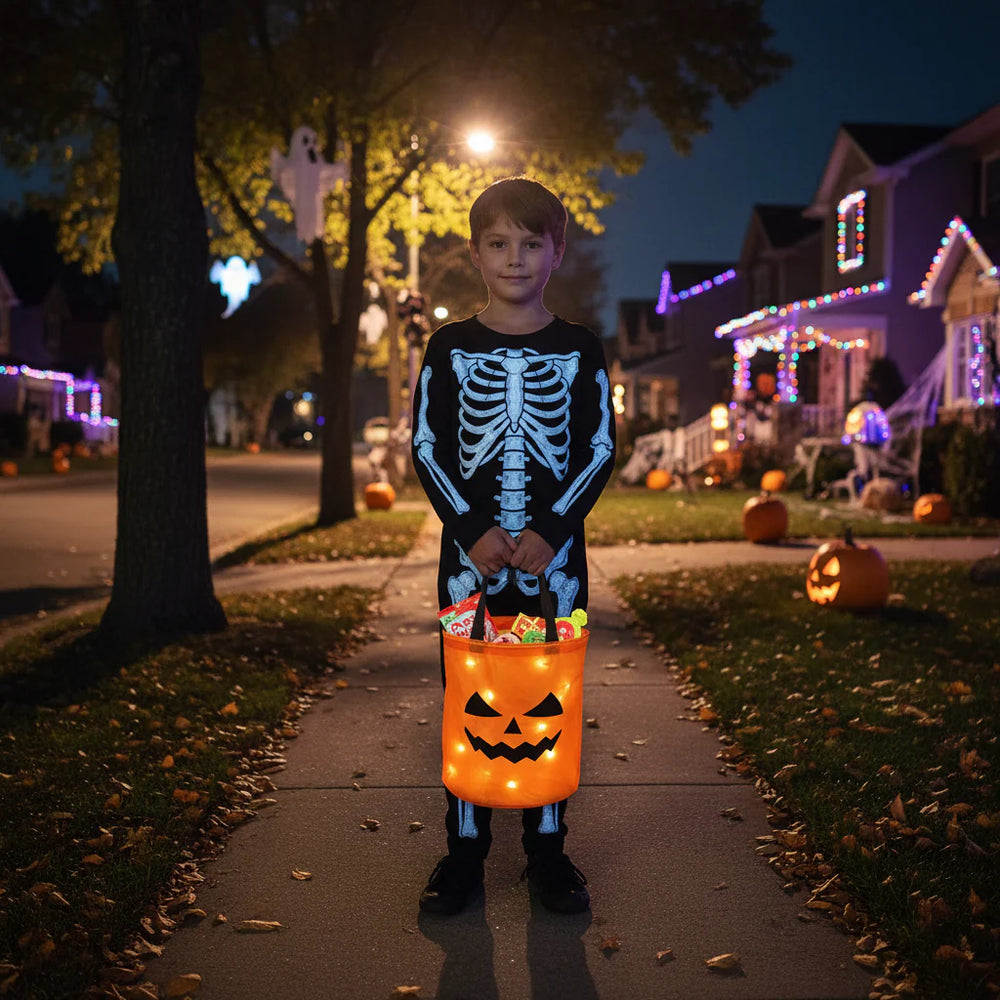 LED Trick-Or-Treat Bag – Reusable Design, Light-Up Pumpkin Style & Multipurpose Use