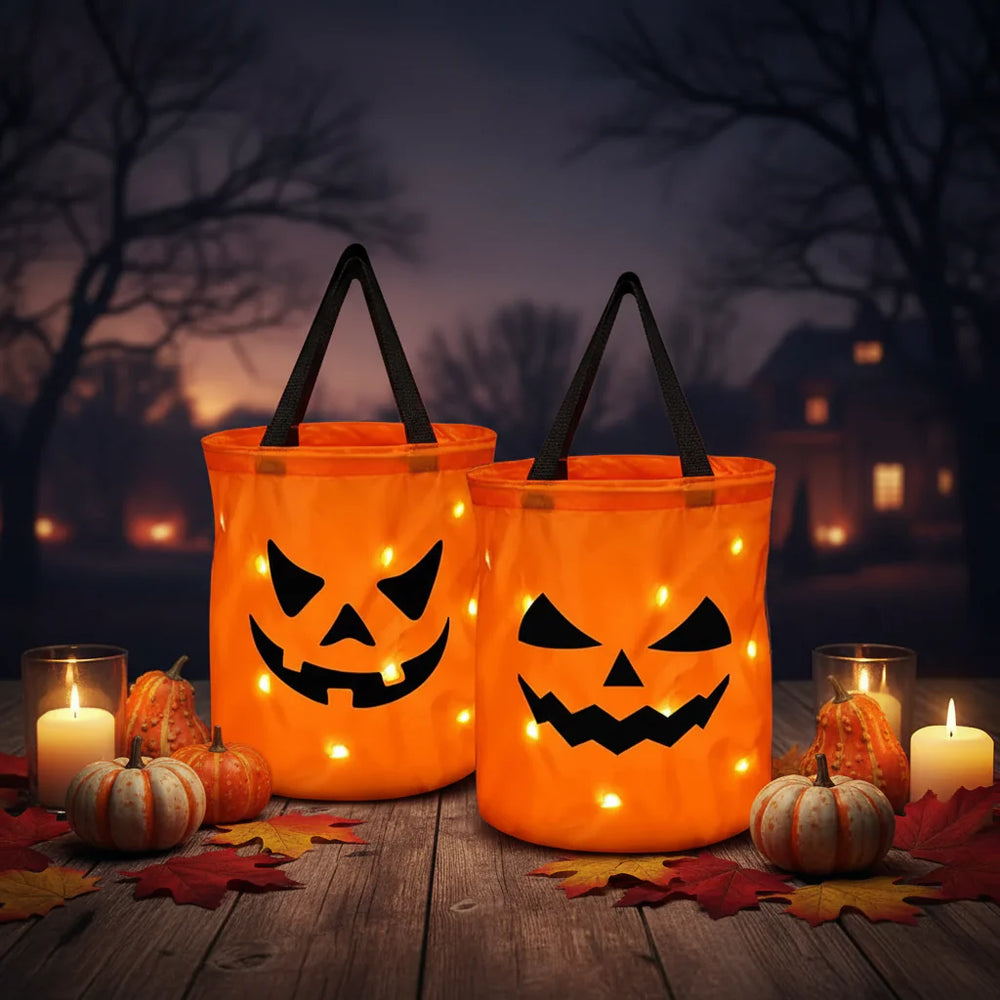 LED Trick-Or-Treat Bag – Reusable Design, Light-Up Pumpkin Style & Multipurpose Use