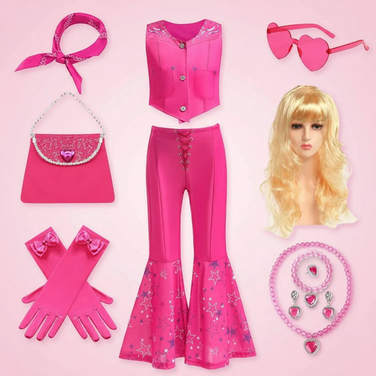 Girls Disco Halloween Costume Set – Glitter, Flared Pants & Multiple Sizes