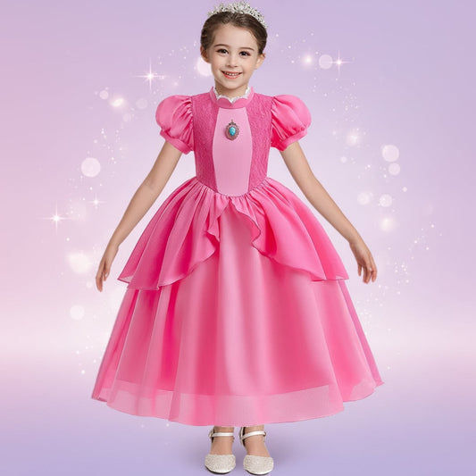 Girls Princess Party Dress Costume – Puff Sleeves, Layered Skirt & Crown Accessory Set