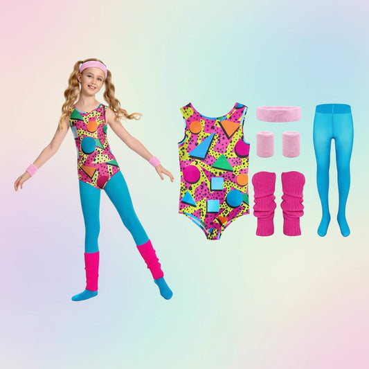 Girls Retro Fitness Halloween Costume – 80s Workout Style, Leotard Jumpsuit & Multiple Sizes