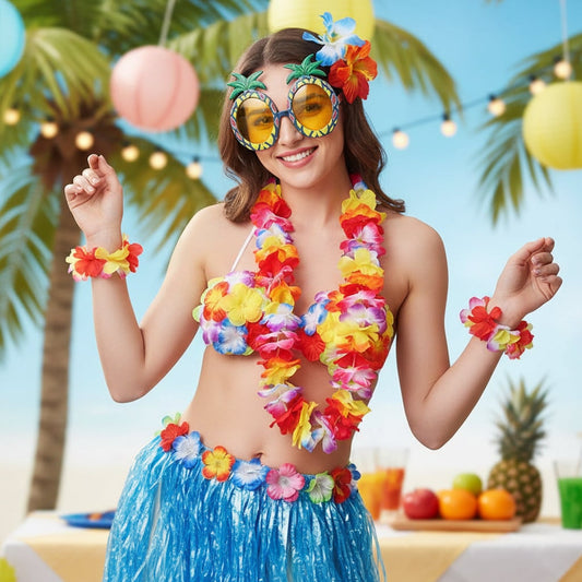 Hawaiian Hula Costume – Tropical Party Outfit, 8-Piece Skirt Set & Two Sizes