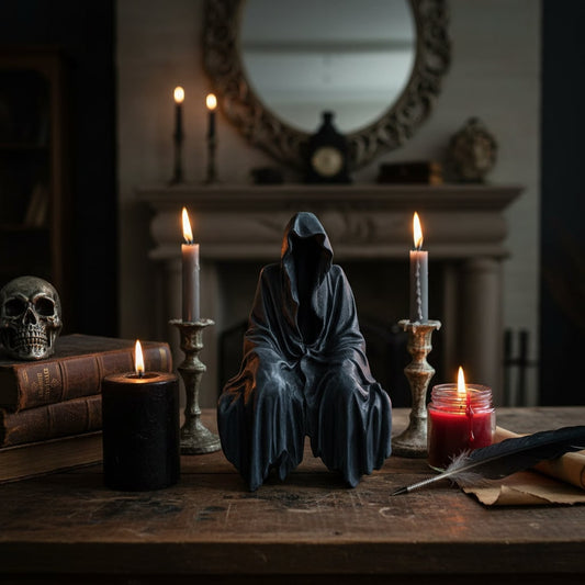 Grim Reaper Statue – Compact Size, Halloween Decoration & Hooded Design