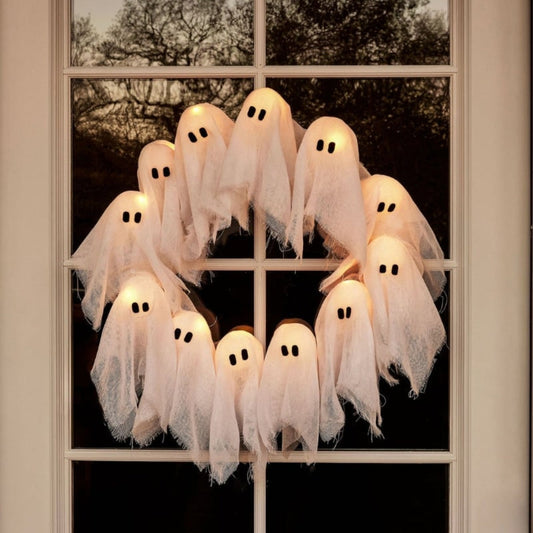 Ghost Wreath Halloween Decoration – LED Lights & Battery-Operated Design