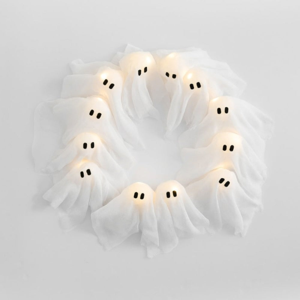 Ghost Wreath Halloween Decoration – LED Lights & Battery-Operated Design