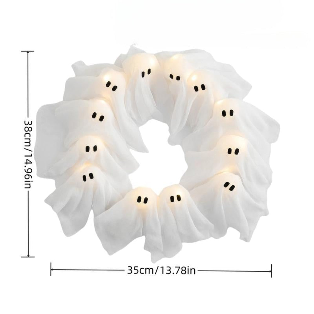 Ghost Wreath Halloween Decoration – LED Lights & Battery-Operated Design