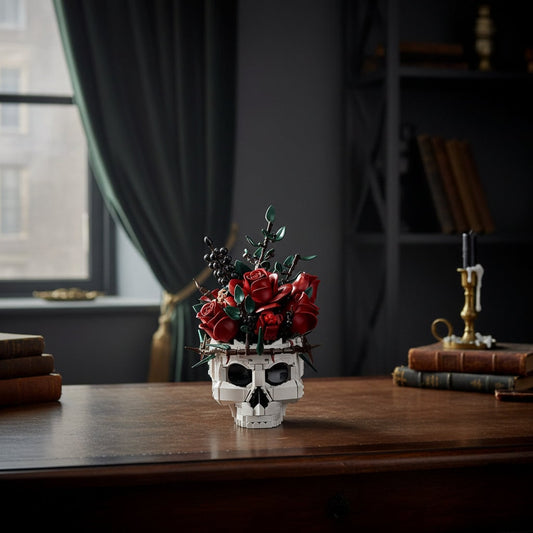 Skull Flower Arrangement – Gothic Design, Halloween Decoration & Rose Accent