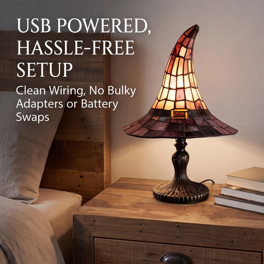 Gothic Accent Table Lamp – USB Powered, Wizard Hat Design & Halloween Decor