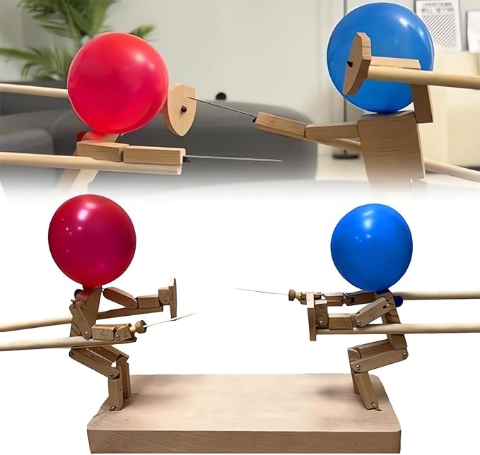 Handcrafted Wooden Fighter Dolls with Balloon Heads - Unique Artisan Toys for Imaginative Play