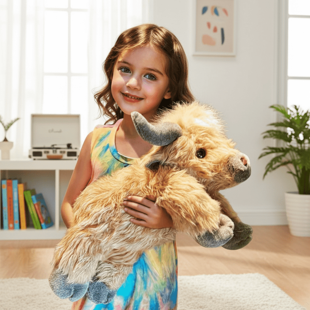 HEATHERMO Highland Cattle Plush Toy - Adorable Fluffy Stuffed Animal with Rustic Charm for Kids and Collectors
