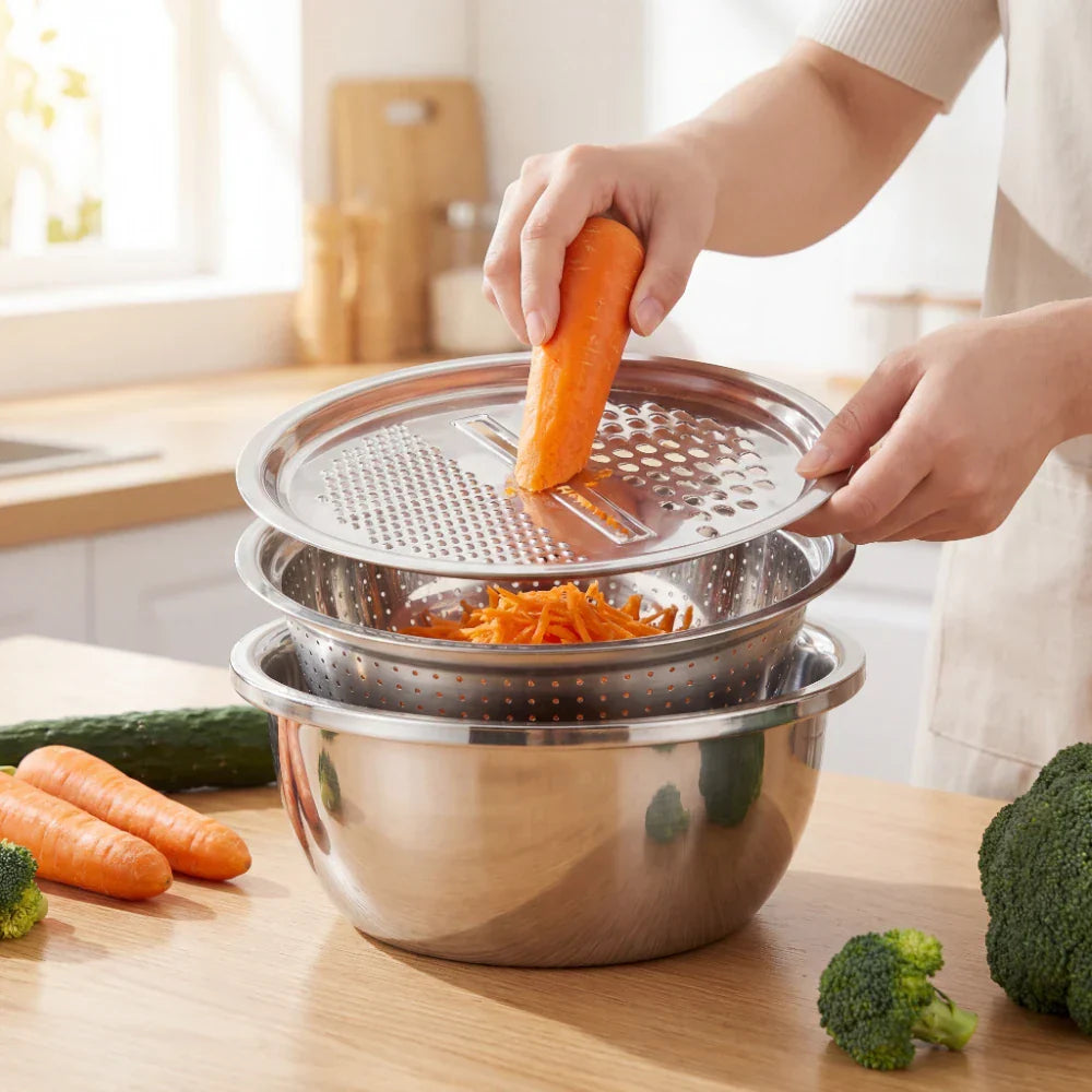 Optimized Product Title: "3-in-1 Edelstahl Schüssel Set mit Reibe und Sieb – Hochwertige Küchenutensilien für vielseitige Anwendungen" 

This title includes relevant keywords while emphasizing the product's features and quality, making it more appealing f