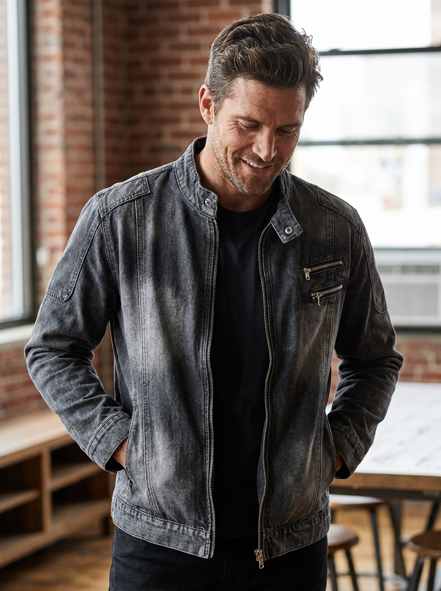 Optimized Product Title: "Herren Jacke mit Reißverschluss und praktischen Taschen – Stylische Freizeitjacke für Herren" 

This title includes relevant keywords while highlighting features and style, making it more appealing for Google Shopping.