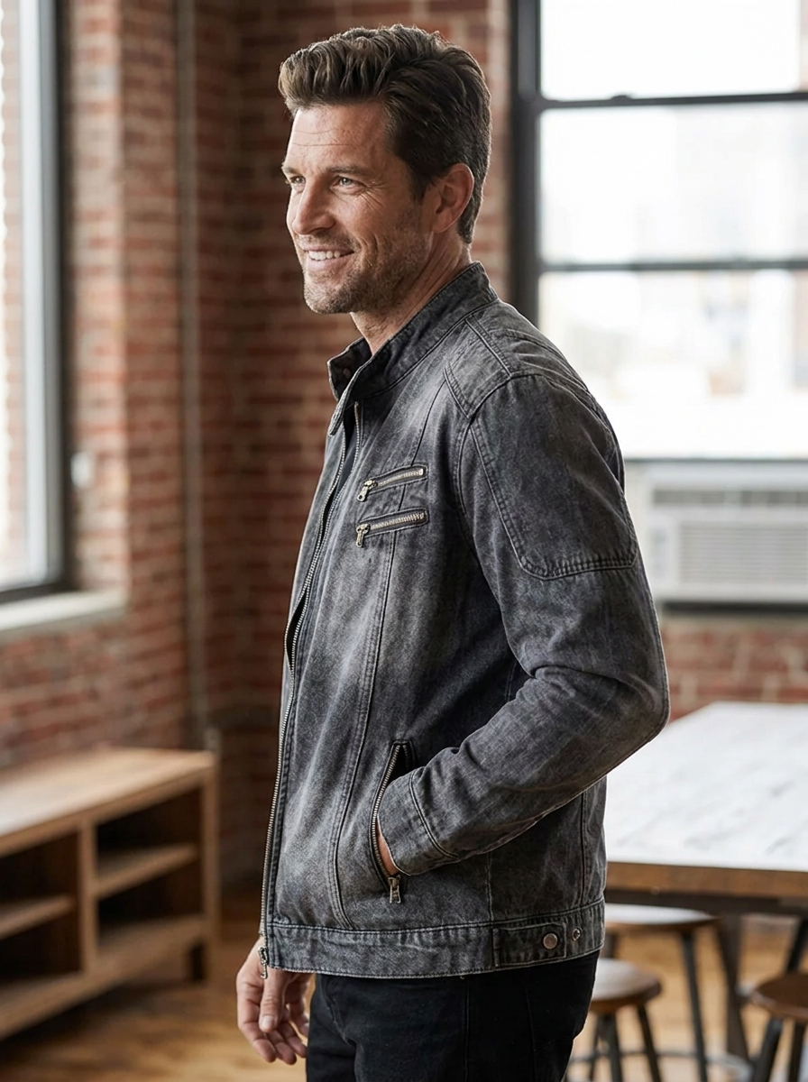 Optimized Product Title: "Herren Jacke mit Reißverschluss und praktischen Taschen – Stylische Freizeitjacke für Herren" 

This title includes relevant keywords while highlighting features and style, making it more appealing for Google Shopping.