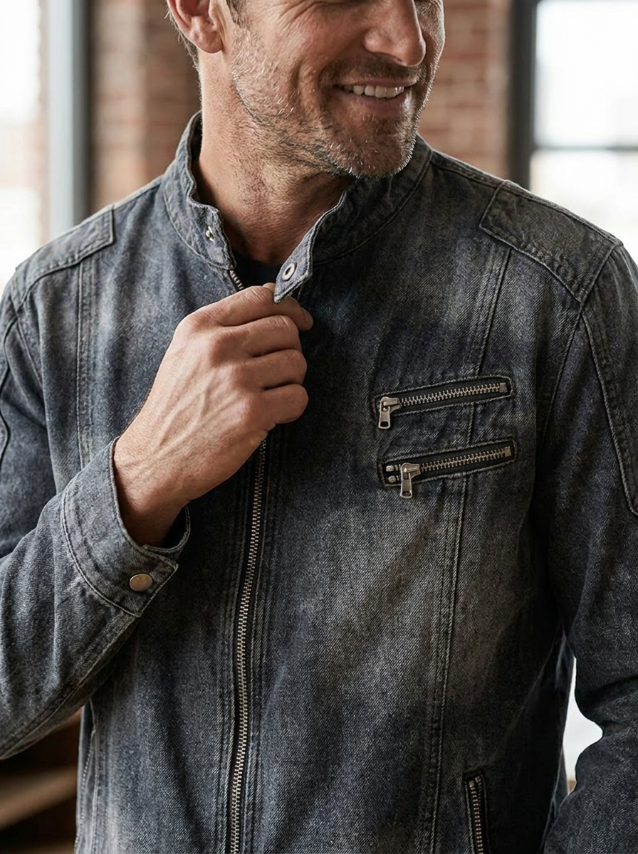 Optimized Product Title: "Herren Jacke mit Reißverschluss und praktischen Taschen – Stylische Freizeitjacke für Herren" 

This title includes relevant keywords while highlighting features and style, making it more appealing for Google Shopping.